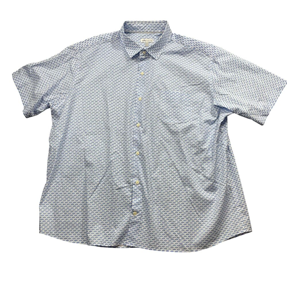 Peter Millar XXL Car Convertable Print Button Up Short Sleeve Blue White Pockets